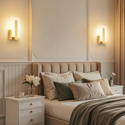 Joosenhouse Modern LED Wall Sconce Set of 2, Brass Warm White Light Wall Sconce 3000K, Hardwired Up and Down Wall Mount Light for Hallway, Bedroom, Study, Living Room Indoor Wall Light - color: Brass-Non Dimmable