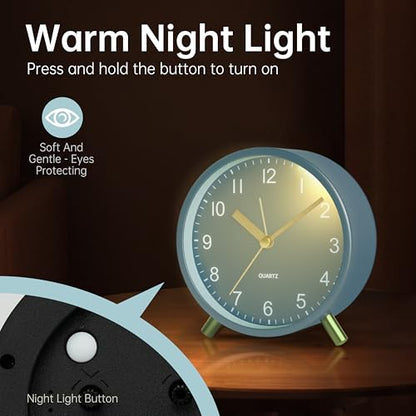 JALL Analog Alarm Clock, 4 inch Super Silent Non Ticking Small Clock with Night Light, Battery Operated, Simple Design, Easy Setting for Office, Bedroom, Bedside, Desk, Teens, Elders, Adult, SkyBlue - color: Skyblue+gold