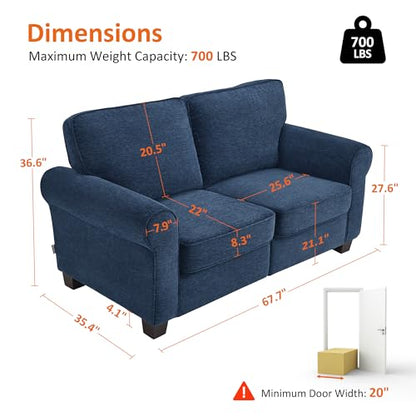 MCombo 67.7" Loveseat Sofa, 2-Seater Small Couch for Small Spaces, Classic Rolled Arm Upholstered Sofa with Solid Wood Legs for Living Room, Removable Cover, Chenille Fabric VE730 (Navy Blue) - color: Navy Blue