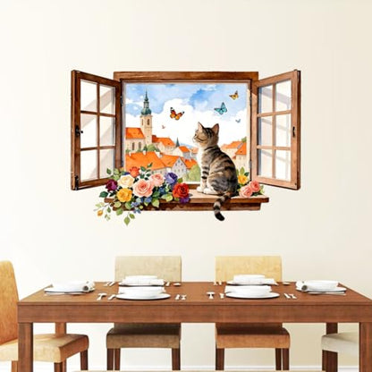 3D Window with a Cat and Flowers Wall Decals, Wall Stickers Decor | 2 Sheets 11.8"x37.8" Vinyl Removable Peel and Stick Murals, Plant Decor for Bedroom, Bathroom, Office, Classroom & Home - style: 3D Fake Window