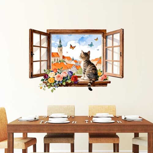 3D Window with a Cat and Flowers Wall Decals, Wall Stickers Decor | 2 Sheets 11.8"x37.8" Vinyl Removable Peel and Stick Murals, Plant Decor for Bedroom, Bathroom, Office, Classroom & Home - style: 3D Fake Window