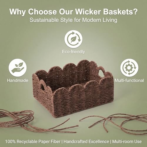 Scalloped Wicker Basket Set of 3, Hand-Woven Storage with Handles | set of 3 brown scalloped baskets with handles. Hand-woven paper rope for shelves, bathroom or closet. Stackable, sturdy. - color: Brown