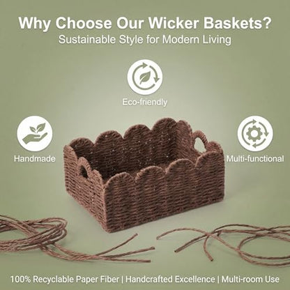 Scalloped Wicker Basket Set of 3, Hand-Woven Storage with Handles | set of 3 brown scalloped baskets with handles. Hand-woven paper rope for shelves, bathroom or closet. Stackable, sturdy. - color: Brown