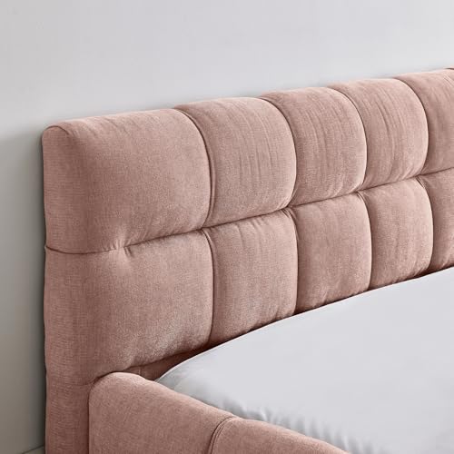 Chenille Fabric Upholstered Platform Bed Frame with Soft Headboard, Modern Low Profile Grounded Design, No Box Spring Needed, Sturdy MDF & Wood Frame, Neutral Style (Pink, Queen (U.S. Standard)) - color: Pink, size: Queen (U.S. Standard)