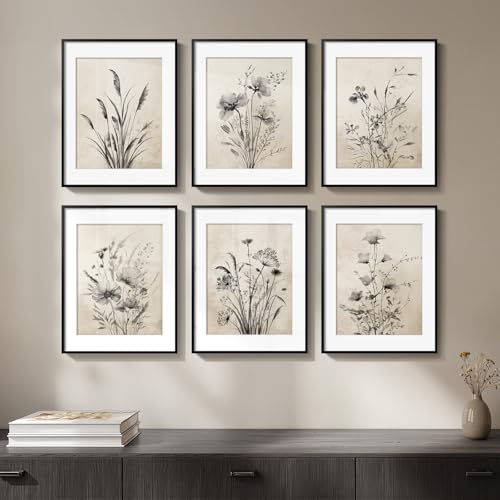 Framed Vintage Black and White Boho Botanical Wall Art, 6 Piece 11x14 In | Retro floral painting, Canvas prints with mat, Farmhouse neutral rustic flower artwork, Living room kitchen bedroom pictures - color: Black Floral - Black Framed, size: 11" W x 14"