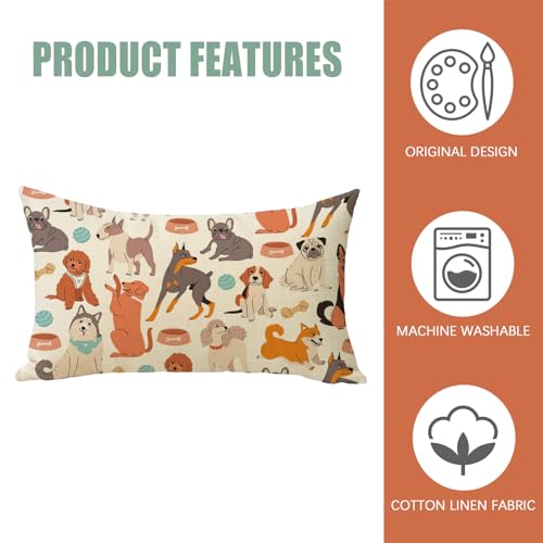 Fahrendom Cute Dogs Lumbar Decorative Rectangle Pillow Cover 12 x 20 | Puppy Golden Retriever German Shepherd Bulldog Porch Patio Pillowcase, Sofa Couch Cushion Case Home Decor Pet Owner Lover