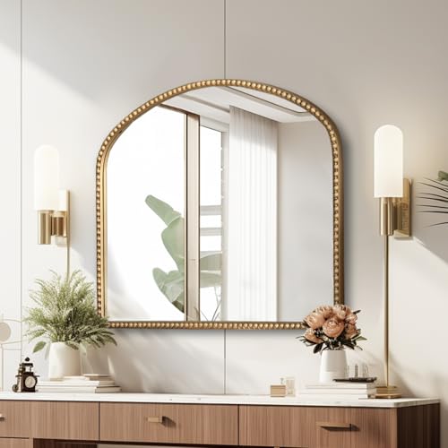 Arched Antique Gold Bathroom Mirror Baroque Metal Beaded Frame Wall Mirrors Decorative Wall Mirrors for Vanity Bedroom Entryway - color: Gold, size: 35"L x 28"W