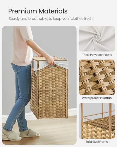 SONGMICS Laundry Hamper with Lid, 42.3 Gallons (160 L), Rolling Laundry Basket with Wheels, 3-Section Synthetic Rattan, Removable Liner, Bedroom, 29.9 x 13 x 26 Inches, Natural ULCB365N01 - color: Natural, size: 160 L
