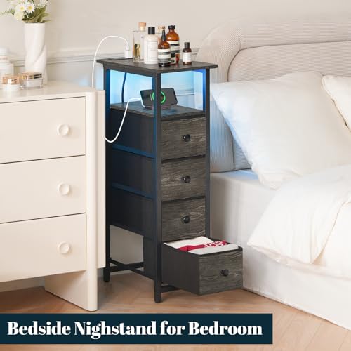 Yoobure LED Narrow Nightstand with Charging Station - Slim Dresser for Bedroom Narrow Side Table Storage Cabinet, Small Dressers Chest of Drawers, Tall Skinny Night Stand End Table for Small Spaces - color: Grey