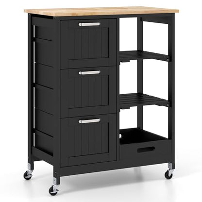 COSTWAY Kitchen Storage Island Cart on Wheels, Kitchen Rolling Trolley Cart with 3 Drawers and Shelves, 360° Wheels & Detachable Tray, Utility Cart for Dining Room, Living Room & Bedroom (Black) - color: Black