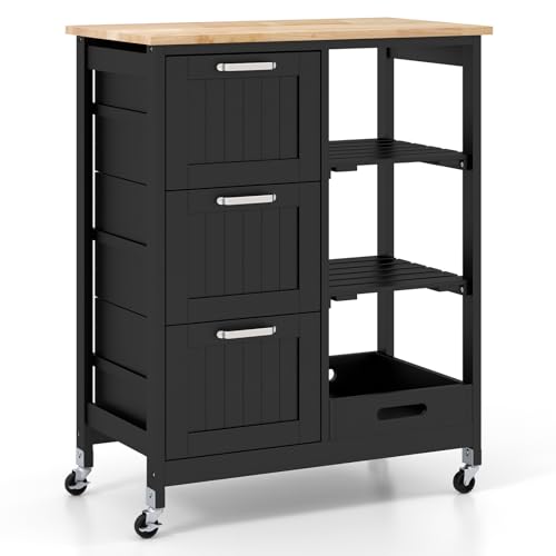 COSTWAY Kitchen Storage Island Cart on Wheels, Kitchen Rolling Trolley Cart with 3 Drawers and Shelves, 360° Wheels & Detachable Tray, Utility Cart for Dining Room, Living Room & Bedroom (Black) - color: Black