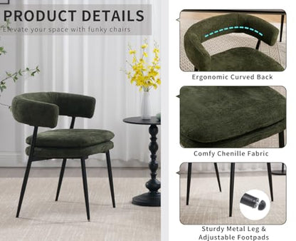 ROCITY Green Dining Chairs Set of 2 Modern Upholstered Kitchen Chairs | Curved Barrel Back, Black Metal Legs, Chenille Fabric, Side Chairs for Dining Room/Restaurant - color: Olive Green, size: 2PCS