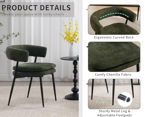 ROCITY Green Dining Chairs Set of 4 Modern Upholstered Kitchen Chairs | Curved Barrel Back, Black Metal Legs, Chenille Fabric Side Chairs, For Dining Room/Restaurant - color: Olive Green, size: 4PCS