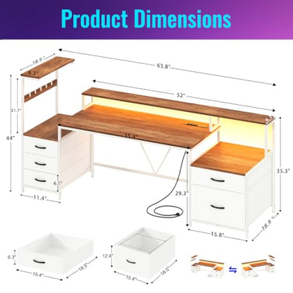 63" Computer Desk with Drawers, Storage Shelves and Printer Stand | Gaming Desk with Monitor Stand and LED Lights, Reversible Home Office Desk with Printer Shelf, Brown and White - color: Brown and White