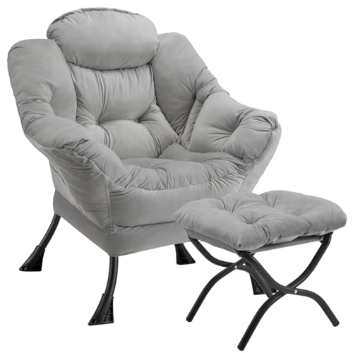 Lazy Chair with Folding Ottoman Modern Large Accent Chair,Contemporary Lounge Leisure Sofa Chair with Armrests Upholstered Sofa Armchair Reading Chair for Bedroom,Dorm&Office (Light Grey-f) - color: Light Grey