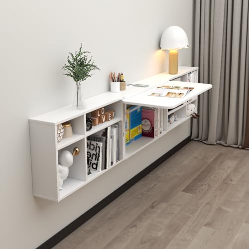 Floating Desk with Storage Shelves, 81'' Wall Mounted Desk Laptop Writing Study Table, Folding Drop Leaf Table, Multifunctional Computer Workstation for Narrow Small Space