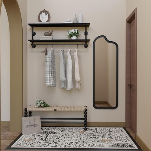 Black Clothes Rack 48in, 2-Tier Wall Mounted Garment Rack with Real Wood Shelf, Heavy Duty Hanging Clothes Rack, Multi-Purpose Hanging Rod, Space-Saving Closet Storage - color: Black, size: 2T48IN
