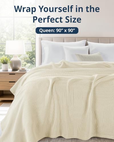 LANE LINEN Queen Blanket - 300 GSM Cotton - Warm & Cozy Blanket - Softer, Durable, Breathable & Classic Waffle Texture - Great for Everyday Bed Use & Relaxing on Couch - 90x90 inches - Sugar Swizzle - color: 07: Sugar Swizzle, size: Queen