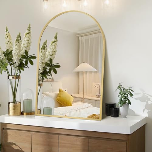 Gold Arched Mirror 20x30in, Metal Framed Bathroom Vanity Wall | Tempered Glass, Shatter Proof, Living Room Bedroom Entryway, Modern Elegant Design - color: Gold, size: 30"L x 20"W, style: Arched