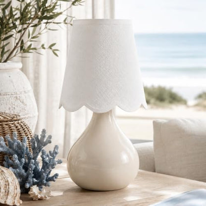 12" Beige Ceramic Table Lamp, Small Plug-in Bedside Lamp with Linen Shade, E26 Socket, 6FT Cord & Rocker Switch, Coastal Accent Lamp for Bedroom Nightstand, Living Room, Dorm
