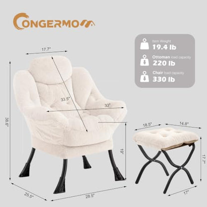 Lazy Chair with Folding Ottoman,Leisure Sofa Chair,Soft Fabric Armchair with Armrests and Side Pockets, Reading Chair with Footrest for Living Room, Bedroom, Office (Plush Beige) - color: Plush Beige