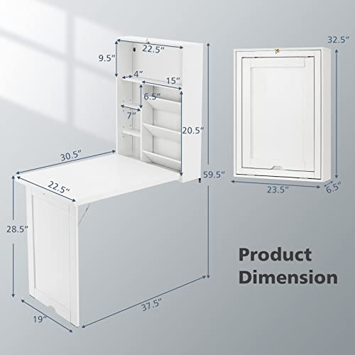GOFLAME Wall Mounted Folding Desk, 3-Tier Tilt Storage Partition With Adjustable Shelves, Space-Saving Floating Laptop Desk, Convertible Writing Table for Home Office, White - color: White