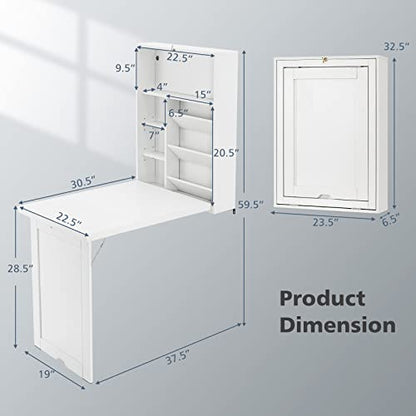 GOFLAME Wall Mounted Folding Desk, 3-Tier Tilt Storage Partition With Adjustable Shelves, Space-Saving Floating Laptop Desk, Convertible Writing Table for Home Office, White - color: White