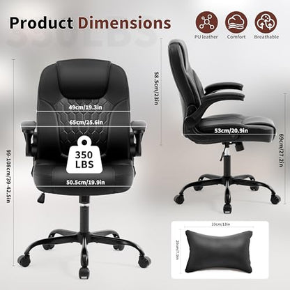 Leather Office Chair Swivel Lumbar Support for Short People Black | Executive Office Chair PU,Leather Office Chair with Wheels,360° Swivel Rolling Chair with Padded Arm,Ergonomic Computer Chair - color: Black