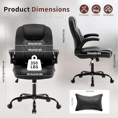 Leather Office Chair Swivel Lumbar Support for Short People Black | Executive Office Chair PU,Leather Office Chair with Wheels,360° Swivel Rolling Chair with Padded Arm,Ergonomic Computer Chair - color: Black