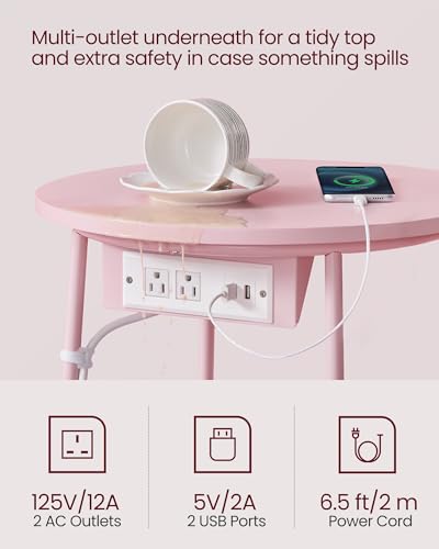 VASAGLE LILEA Colection - Side Table with Charging Station, Round End Table with Fabric Basket, Nightstand with Power Outlets, USB Ports, Modern, Jelly Pink and Cream White ULET228R01 - color: Jelly Pink + Cream White, size: Without LED light