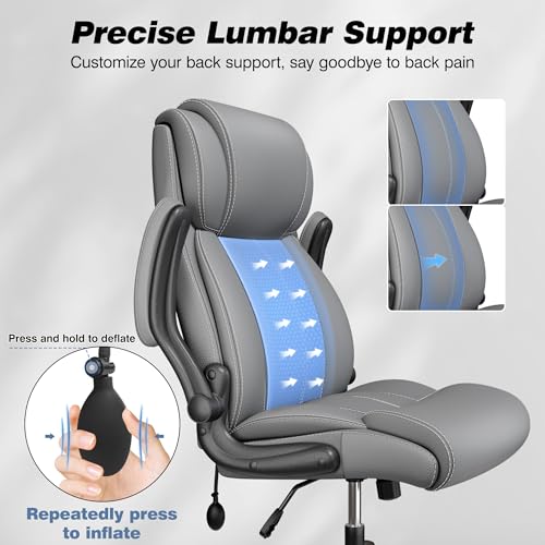 BESTFAIR High Back Office Chair, Adjustable Lumbar Support, Rocking, Gray | Inflatable Lumbar Eases Lower Back Fatigue, Padded Flip-Up Armrests, 21" Wide Seat, Scratch-Resistant PU Leather, 2 Pack - color: Grey, size: 2 Pack