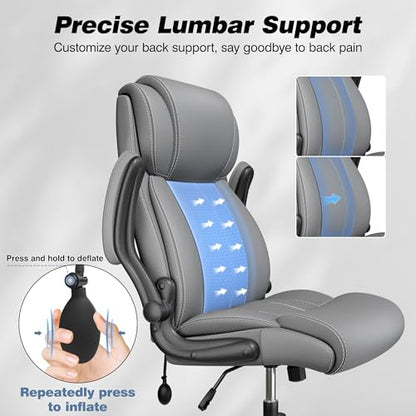 BESTFAIR High Back Office Chair, Adjustable Lumbar Support, Rocking, Gray | Inflatable Lumbar Eases Lower Back Fatigue, Padded Flip-Up Armrests, 21" Wide Seat, Scratch-Resistant PU Leather, 2 Pack - color: Grey, size: 2 Pack