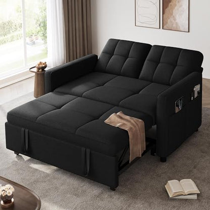 YITAHOME 55" Convertible Sofa Bed | 3-in-1 Sleeper Sofa with Iron Frame Pull-Out Bed, Linen Futon Couch with Reclining Backrest and Side Pocket, Modern Loveseat - color: Black, size: 71.2 x 46.4in
