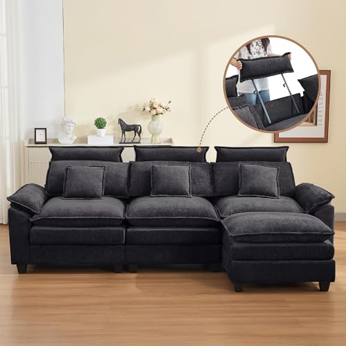 103'' Cloud Modern 3 Seater Couch with Detachable Headrest, Modular Sectional Sofa with Ottoman, Oversized L Shape Chenille Comfy Sofa with Armrests for Living Room, Dark Grey - color: Dark Grey, size: L Shaped Couch