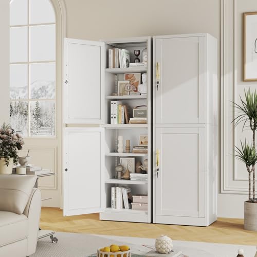 pozdeg 67" White Lockable Tall Narrow Metal Storage Cabinet | Office File Cabinet with 4 Adjustable Shelves, Steel Locker for Home, School, Office, Garage & Gym - color: White - a, size: 15.8"D x 19.7"W x 67"H