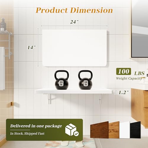 Dogsky 24" x 14" Floating Wall Desk, Fold Down Wall Table - 100 lbs Heavy Duty Solid Pine Wall Mount Folding Desk for Home Office, Laundry Room, Kitchen & Small Apartment, White - color: White, size: 24'' x 13.7'' x 6.3''