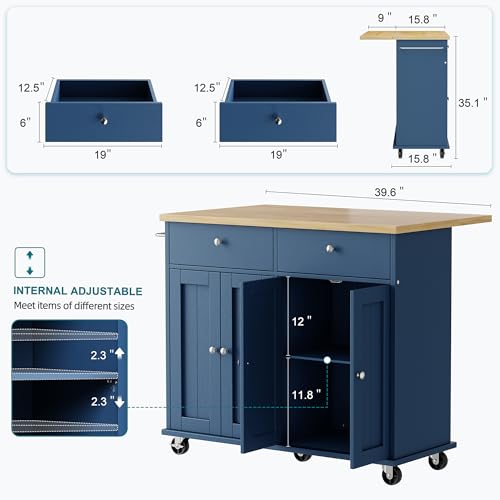 Shintenchi Kitchen Island with Drop Leaf, Rolling Kitchen Cart with Storage on Wheels, Table Bar Cart for Kitchen with Towel Rack & Seating Area for Dining Room, Blue - color: Blue