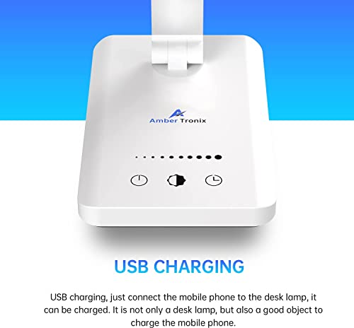 Ambertronix LED Desk Lamp with USB Charging Port, Dimmable Eye-Caring Reading Desk Light for Home, with 5 Brightness Level & 3 Lighting Modes, Touch Control, Auto Timer (White) - style: Modern