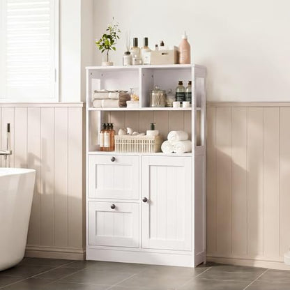 GRUSIGN Bathroom Storage Cabinet with Door and Drawers, Small Freestanding Bathroom Cabinet Organizer, Farmhouse Wooden Cupboard with Adjustable Shelves for Kitchen, Living Room, White - size: 34"H with Drawers