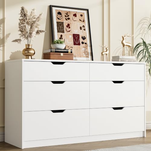 YESHOMY Dresser for Bedroom, 47.2" Modern Wood Chest with 6 Drawers, White | Two Drawer Sizes, Anti-Tip, Storage Cabinet & TV Stand for Living Room, Closet, Entryway - color: White