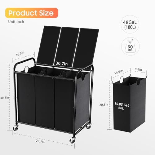 180L Laundry Sorter 3 Section, Rolling Laundry Basket with Wheels and Lid | 47.55 Gal Laundry Hamper, 3 Separated Removable Bags, Lockable Wheels, Dirty Clothes Hamper for Laundry Room Organizer, Black - color: Black-3Sec, size: 47.55Gal