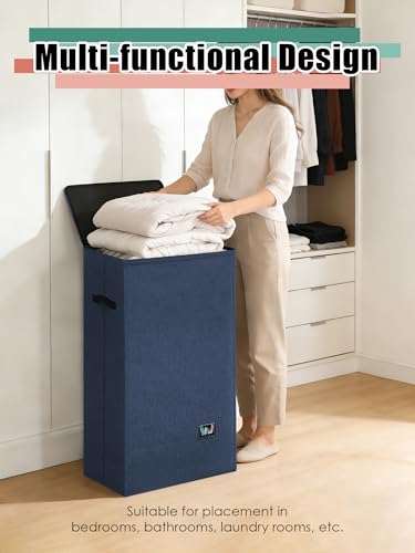 WTREE Laundry Hamper with Lid, Reinforced Sturdy Clothes Hamper with Anti-Puncture Base, Large Collapsible Laundry Basket with Removable Liner Bag, Tall Dirty Clothes Bin for Family, 100L Navy Blue - color: Navy Blue