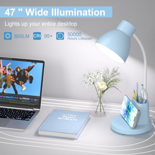 10W Wireless Charging LED Desk Lamp with Pen Holder, CRI 95, Blue | 800LM, 3 Modes, 360°Flexible Arm, Touch, Brightness, Table Lamp for Home Office, Dorm, Bedside, Study, Reading, with Adapter - color: Blue