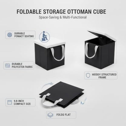 9.84-Inch Foldable Storage Ottoman Cube, Compact Polyester Seat with Hidden Compartment for Entryway and Living Room