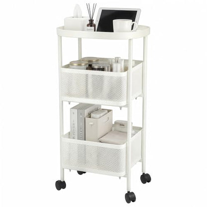 3 Tier Rolling Cart, Metal Utility Storage Carts with Wheels, Craft Cart Organizer, Mesh Basket for Bedside Kitchen Office Art, Milky White