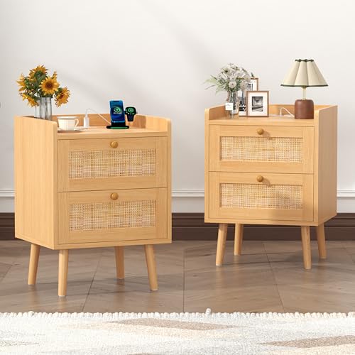 Ratten Small Nightstand Set of 2 with Charging Station, for Bedroom, Sofa | Boho wood nightstand set of 2 with drawers, solid wood legs, waterproof top, anti-drop edge, farmhouse style, Living Room