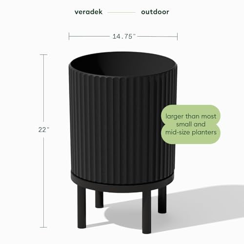 Veradek Demi Series Round Planter w/ Stand for Porch/Patio | Durable Plastic-Concrete & Wooden Stand | Modern Décor for Tall Plants, Flowers - color: Black/Black, size: 16 inch