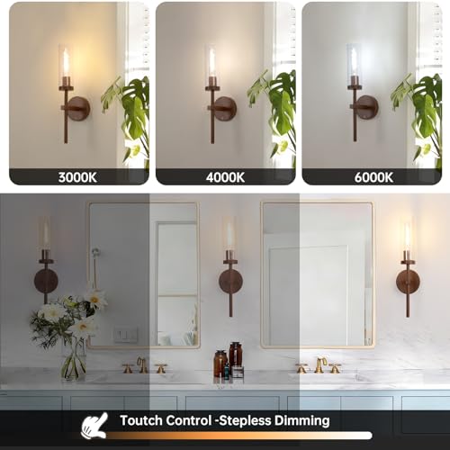 Shenmoyl Battery Operated Wall Sconces Set of 2, Walnut Color Rechargeable Wall Lighting Fixtures, Dimmable Wall Lights with Remote & Clear Glass Shade for Living Room, Bathroom,Bedroom - color: Walnut - Clear Glass