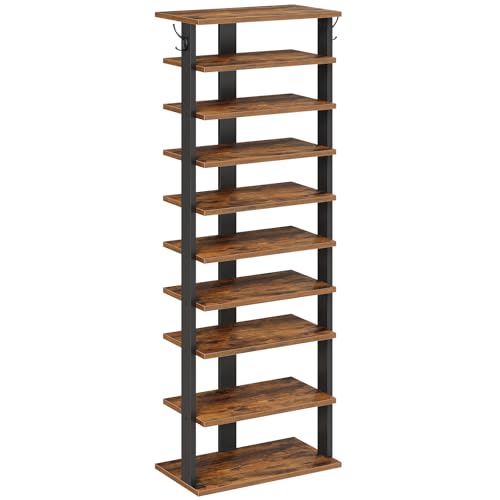 HOOBRO 10 Tiers Vertical Shoe Rack, Wooden Shoe Storage Organizer with Hooks, Narrow Shoe Tower for 20 Pairs, Space Saving, for Entryway, Living Room, Bedroom, Rustic Brown FG140XJ01 - color: Rustic Brown, size: 10 Tier (19.7"W)