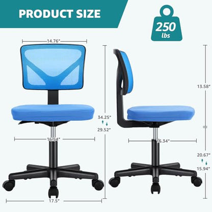 OLIXIS Armless Home Office Chair, Ergonomic Small Desk Chair | Mesh Back, Removable Washable Foam Cushion, Height Adjustable, Rolling Swivel Wheels, Small Space, Blue - color: Blue